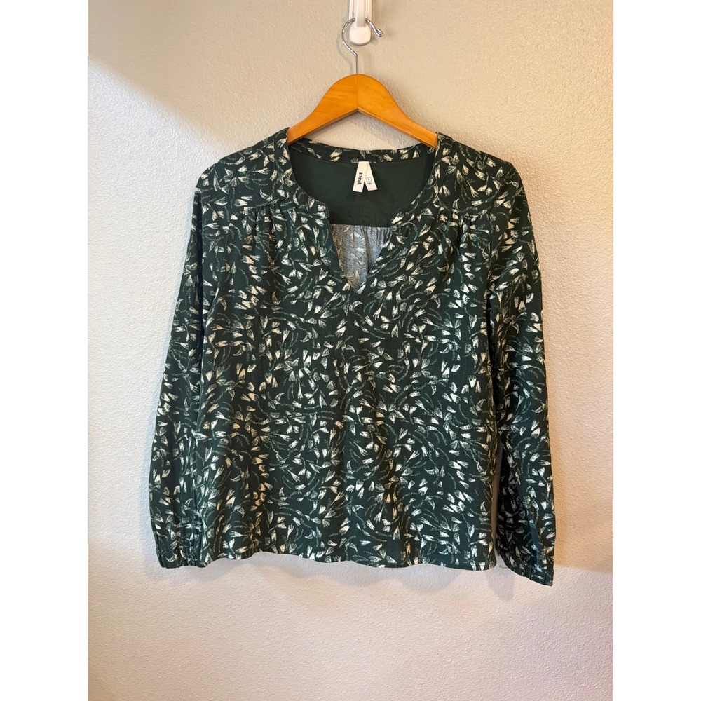 Pact Blouse Women Small Green Floral Organic Cotton Long Sleeve V-Neck